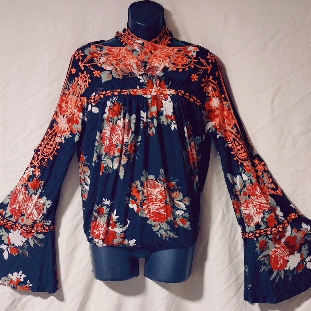 Free People Bainbridge cold shoulder embroidered top.